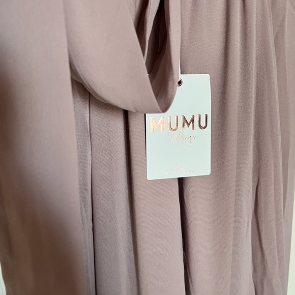 Mumu Weddings Jenn maxi dress soft beige chiffon v- neck low v back neutral M - Picture 6 of 12